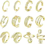 [Sanfenly] 12PCS Adjustable Toe Rings for Women Gold Silver Black Open Toe Rings Set Flower Arrow Leaf heart CZ Tail Pinky Band Rings Summer Beach Foot Jewelry Set
