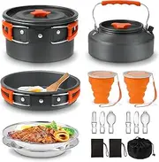 Sanheshun Camping Cookware Mess Kit with Kettle, Pot, Pan, 2 Plates, 2 Foldable Cups 2 Fork Spoon Kits, 18PCS Outdoor Ultralight Lightweight Camping Cooking Set for Backpacking Hiking Picnic Fishing