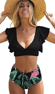 [Sporlike] Women Ruffle High Waist Swimsuit Two Pieces Push Up Tropical Print Bikini
