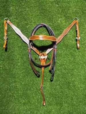 Western Style Leather Headstall & Breast Plate Collar Set For Horse.