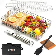 Adjustable Grill Basket for Outdoor Grill – 16"x7.25"x2.25" Stainless Steel Grilling Basket with Removable Handle, Easy Open, Silicone Basting Brush, Steel-Fiber Scrub Sponge, Storage Bag Included