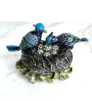 BIRDS NEST BLUE JAY BIRD OF PARADISE SWAROVSKI CRYSTAL ENAMEL TRINKET BOX NEW