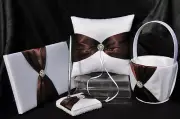 White Wedding Guest Book Ring Pillow Flower Basket Pen Stand Choclate Brown Sach