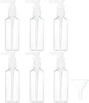 TecUnite 6 Pack Small Pump Bottles Clear Travel Bottle Plastic Empty Spray Dispenser Hand Lotion Sanitizer Refillable Accessories Set with Small Funnel for Flight, Airport, Holiday(100 ml,White)