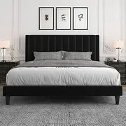 Allewie King Platform Bed Frame/Velvet Upholstered Bed Frame with Vertical Channel Tufted Headboard/Strong Wooden Slats/Mattress Foundation/Box Spring Optional/Easy Assembly/Black