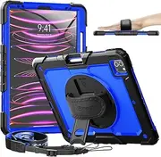 Timecity Protective Case for iPad Pro 12.9 inch 6th/ 5th/ 4th/ 3rd Generation, with Strong Protection, Screen Protector, Hand/Shoulder Strap, Rotating Stand, Pencil Holder - Dark Blue