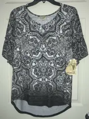 New ONE WORLD Flared Sleeve High Low Hem Top Blouse M Black White Dreaming NWT