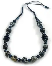 [Avalaya] Dark Blue Wood Bead Grass Green Cotton Cord Necklace - 80cm Max Length - Adjustable, cords Wood