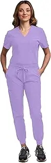 [Green Town] Scrubs for Women Scrub Set - Jogger Pant and Tuck-in V-Neck Top, 5 Pockets, Yoga Waistband, Nursing Uniform, Lavender, Large