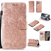 For iPhone 12 / 12 Pro Case, Lace Flower Folio PU Leather Case, Card Slots, Wallet, Rose Gold