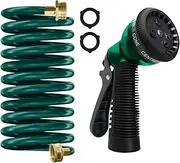 Coil Hose 10FT EVA Coil Garden Hose With 3/4'' Brass Connector Coiled Water Hose Lightweight And No Kink Includes 7 Patterns Spray Nozzle For Outdoors Lawn Watering Car Washing