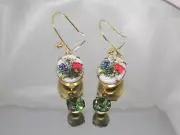 Vintage Glass Decal Limoge Flower Emerald Green Erinite Crystal Gold Dangle Earr