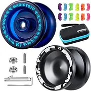 [MAGICYOYO] Responsive Yoyo Set for Kids Beginners - Pro 2 Pack With Metal V3 and Plastic K1 Plus, 12 Strings, 2 Holes Case Bag, Accessory Kit (V3 Black + K1 Blue)