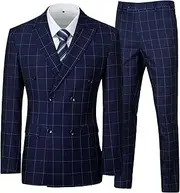 [Elionm] Mens Suits Slim Fit 3 Piece Double Breasted Pinstripe Tuxedo Suit Set for Wedding Prom