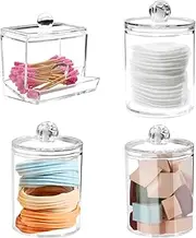 Qtip Holder Dispenser, 4 Pack Swab Organizer with Lids, Clear Plastic Apothecary Jar, Vanity Makeup Organizer and Storage, Bathroom Organizers and Storage for Cotton Ball, Cotton Swab, Pads, Floss