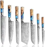 SENKEN 7-Piece Damascus Kitchen Knife Set - Tsunami Collection - 67-Layer Japanese VG10 Steel - Chef's Knife, Cleaver, Santoku, Bread, Boning, & More