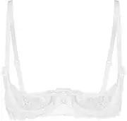 [Yruioon] Womens Lace Lingerie 1/4 Cups Push Up Underwired Bra Sexy See Through Sheer Tops Night Underwear