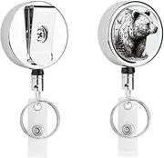 [YJWANDL] Compact Stainless Steel ID Holder with Retractable Cord, Wildlife Hand Drawn Bear Animal Print Lightweight And Durable Everyday ID Holder, White, One Size, White, One Size
