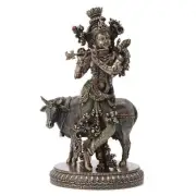Indian traditional Resinr Krishna Playing Flute Idols With Cow 10.5 Inches y275