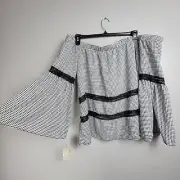 Belle Sky Women Black White Gingham of the Shoulders Lace Top Bell Sleeves XXL
