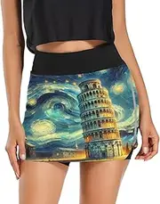 [RPLIFE] Tower of Pisa Starry Night Mini Athletic Skirt, Womens Active Skorts with Pockets，Women Golf Skirt Small