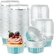 100 Pack Disposable Ramekins with Lids 8 oz Creme Brulee Ramekin Aluminum Foil Cup Cupcake Liner for Baking Disposable Muffin Tin Pan Cheesecake Container for Catering Wedding Party (Blue)