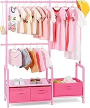 Relquorax Bamboo Kids Clothing Rack with Triple Hanging Poles, Child Dress Up Rack, Small Organizer Garment Rack with 3 Storage Bins, for Costumes and Accessories (Pink)