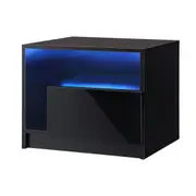 Oikiture Bedside Tables RGB LED Side Table Drawers High Gloss Nightstand Black