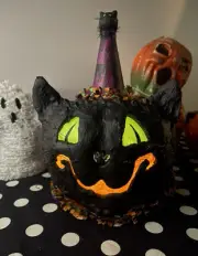 Vintage style Paper Mache Lantern Halloween Black Cat Handmade Folk Art