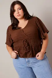 Brown Wrap Top Short Sleeve Textured