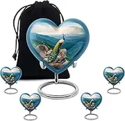 Peacock Adult Cremation Funeral Heart Urn for Human Ashes, Keepsake Decorative Gift for Father & Mother, Small Urns for Ash, Combo, White (10 Inch & 3 Inch Mini Set of 3)
