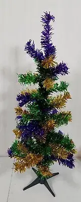 24'' Mardi Gras Tinsel Tree Purple Green Gold Christmas Tabletop Decor 2ft tall