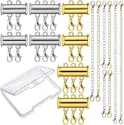 Junkin 12 Pieces Necklace Layering Clasp Multiple Necklace Connector Slide Clasp and Closures Multi Strand Slide Tube Separator Lock Connector for Women with Bracelet Chain Extender Box (Gold, Silver)
