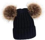 [ROMISBABA] Knitted Hat for Warm Earflap Design with Fluffy Balls Unisex Style for Aged Years for Daily Wear Cute Black Color