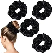 Nothstein 4PCS Black Big Satin Silk Scrunchies for Women Thick Hair, 6.3Inches Extra Large Hair Scrunchy Oversized Thick Elastic Hair Ties Hair Bands Ponytail Holders Jumbo Hair Scrunchies (Black*4)