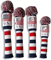 [CRAFTSMAN GOLF] US Flag Knit Pom Pom White Blue Red Driver,Fairway Wood, Hybrid Head Cover Headcover for Callaway Mizuno Cobra Taylormade