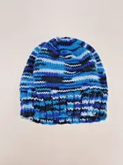 Handmade Childrens Knitted Zig Zag Pattern Blue Black & White Wool Beanie NEW