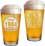 QUPT 40th Birthday Gifts for Men Women Friends, Vintage 1984 Printed 16oz Beer Glass - Funny 40 Year Old Presents - Back in 1984 Old Time Information