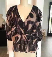 Ted Baker Jasmyna Ruffle Top V-Neck 3/4 Sleeve Blouse Black Ted Size 2, US sz 6