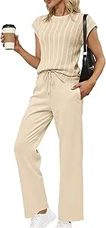 [Glamaker] Womens Lounge Two Piece Outfits Summer Knit Casual Travel Crew Neck Sets Cap Sleeve Tops & Wide Pants 2025 Trendy