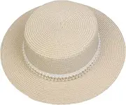 [Xiang Ru] Women Straw Hat Wide Brim Beach Sun Cap Foldable Flat Top Floppy UPF 50+ Pearl Band Hats for Travel Summer Vacation