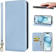 NanHou iPhone 15 Case Leather Case RFID Blocking Folio Wallet Case Magnetic Closure Kickstand Wrist Strap Card Holder Shockproof Flip Cover - Light Blue