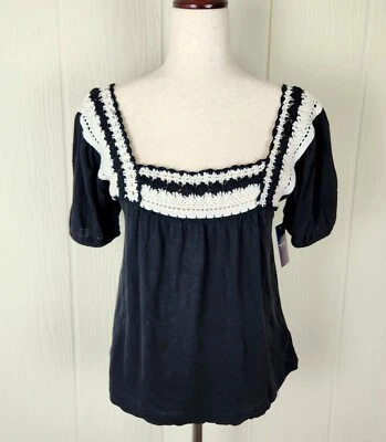 Lucky Brand Knit Black Peasant Top Crochet Trim Size XS Square Neck Boho NWT