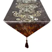 Catzon Hot Stamping Classic Floral Table Runner With Tassel-Coffee