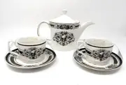 Grace Teaware Teapot & 2 Cup Saucer Sets Halloween Skull King Gold Trim New