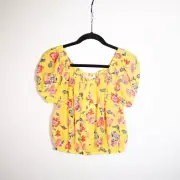 NEW Joie Derfuta Silk Chiffon Pineapple Print Pattern Puff Sleeve Blouse Shirt S