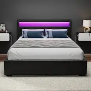 Artiss Double Bed Frame Platform RGB LED Headboard Gas Lift Beds Base with Storage Space Frames Bedroom Room Decor Home Furniture, Upholstered with Black PVC Leather + Foam + Wood, Modern Design