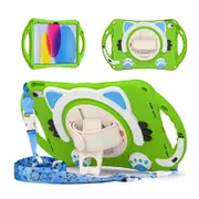 Cat Tablet Case For iPad 10th Rugged with Shoulder Strap-Green