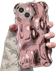 UEEBAI Case for iPhone 15 6.1 inch, Cute Solid Color Curly Wave Shape Shockproof Soft Bumper Phone Case, Candy Water Ripple 3D Silicon Slim Pretty Case Aesthetic Cover, Rose Gold