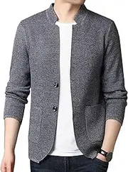 [Qolkmuiy-GJ] Men's Soft Knit Blazer Open Front Coat Lightweight Mandarin Collar Sweaters Button Down Blazers with Pockets